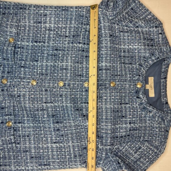 LOFT Womens Tweed Mini Pocket Dress 12 Blue Gold Buttons Fringe Old Money 60s - Picture 10 of 16